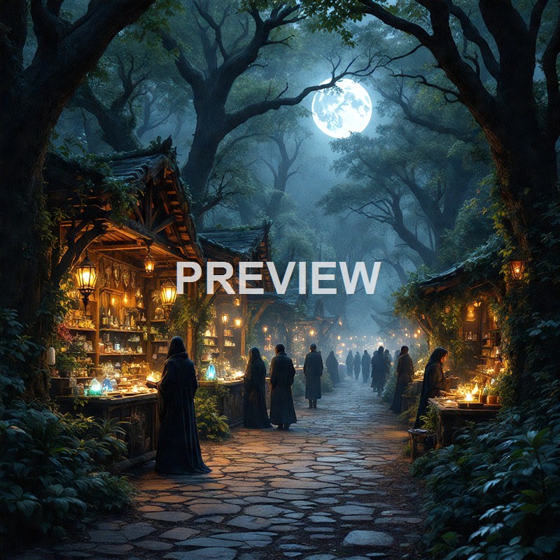 A nighttime scene of a moonlit forest with a market or fair where people dressed in dark clothing are browsing illuminated stalls along a cobblestone path, under large trees with glowing lanterns hanging from their branches.